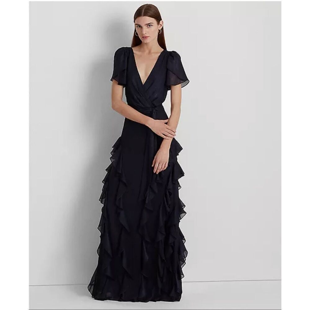 Lauren Ralph Lauren Ruffle-Trim Metallic Chiffon Gown Navy 8